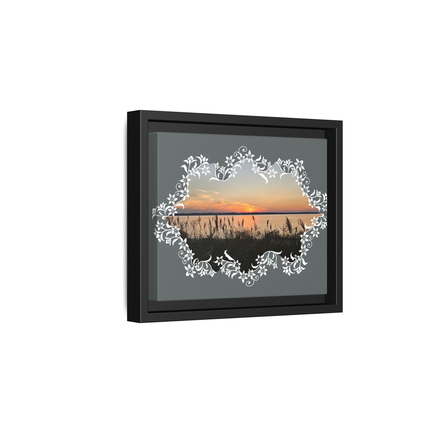 "Wild Youth" Framed Matte Canvas - Sunrise Marsh with Ornate White Floral Frame
