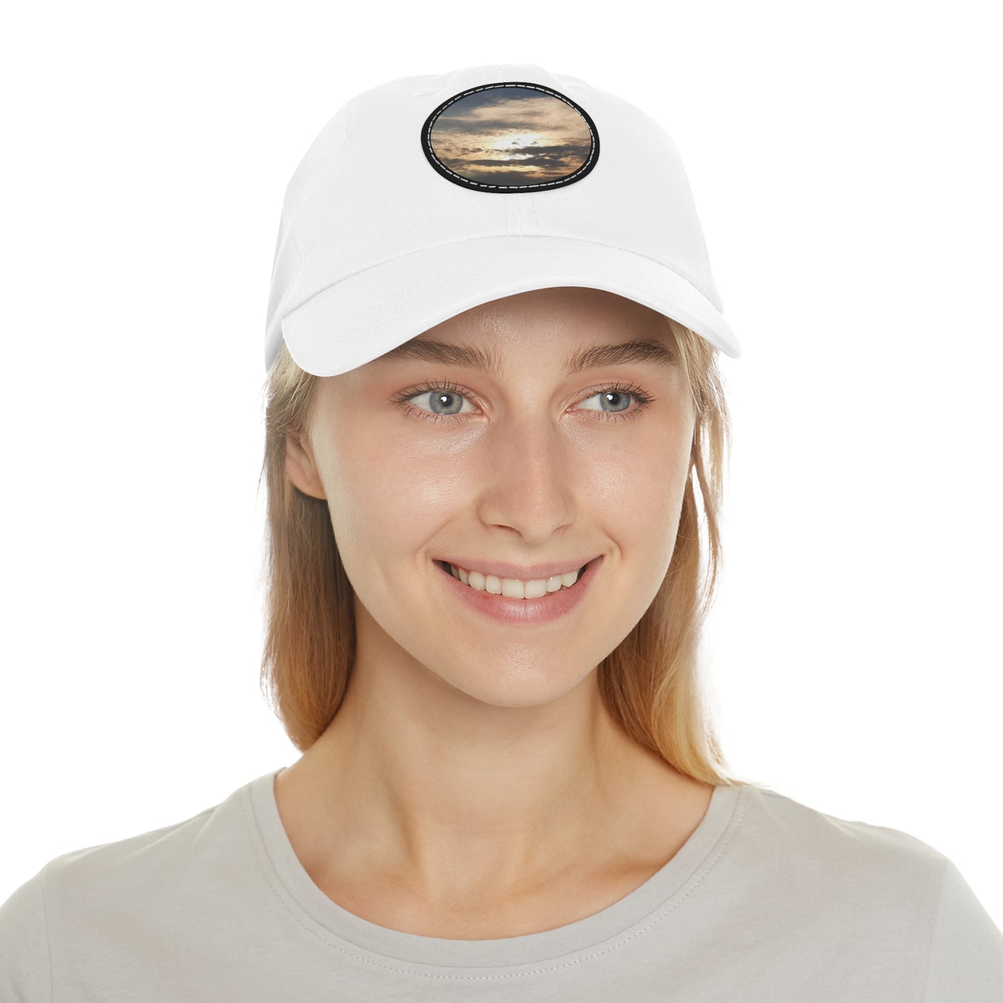 Round Leather Patch Dad Hat —"Sun Peaking Over the Clouds"-Patch Cap