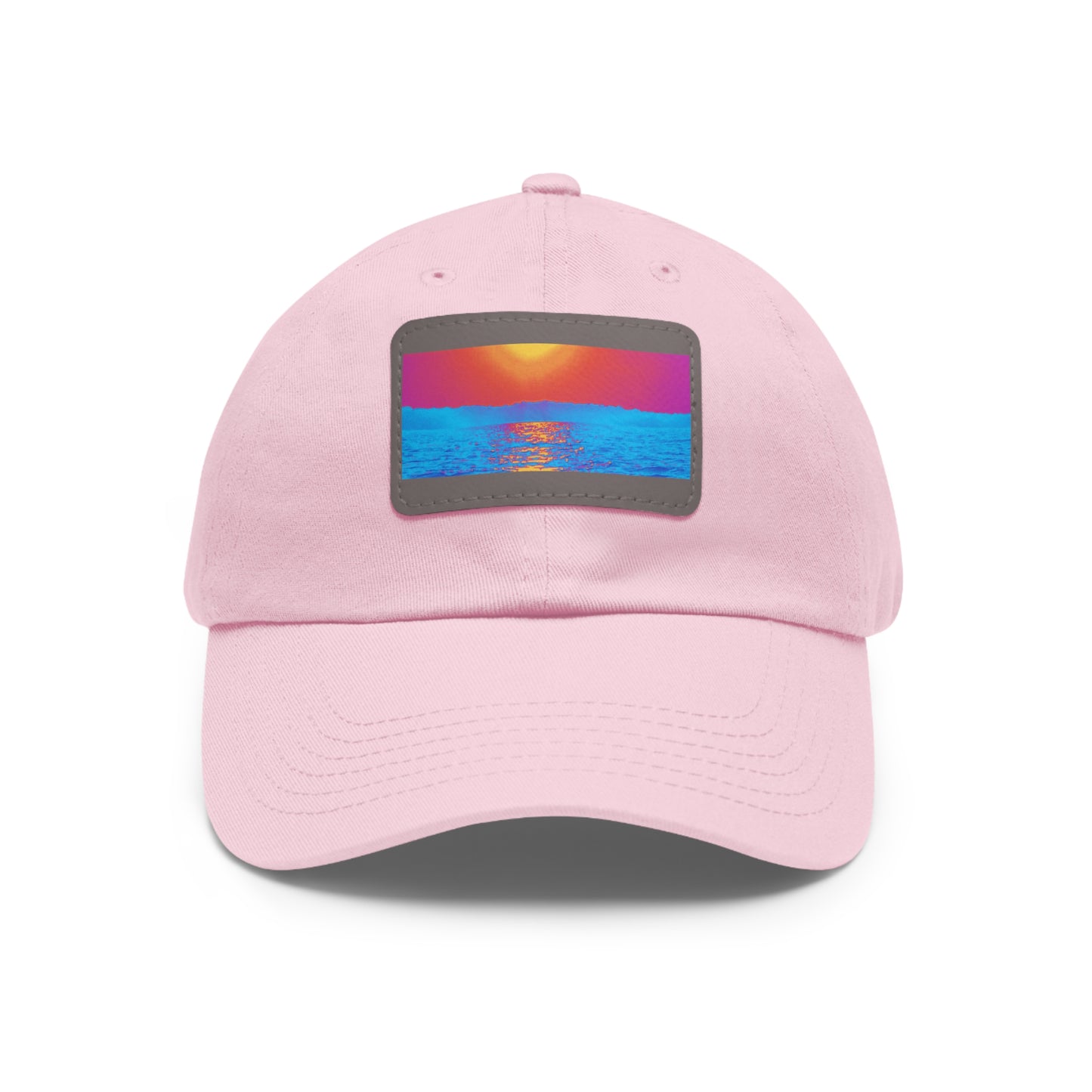 Sunset Ocean Leather Patch Dad Hat — Retro Vaporwave Beach Cap