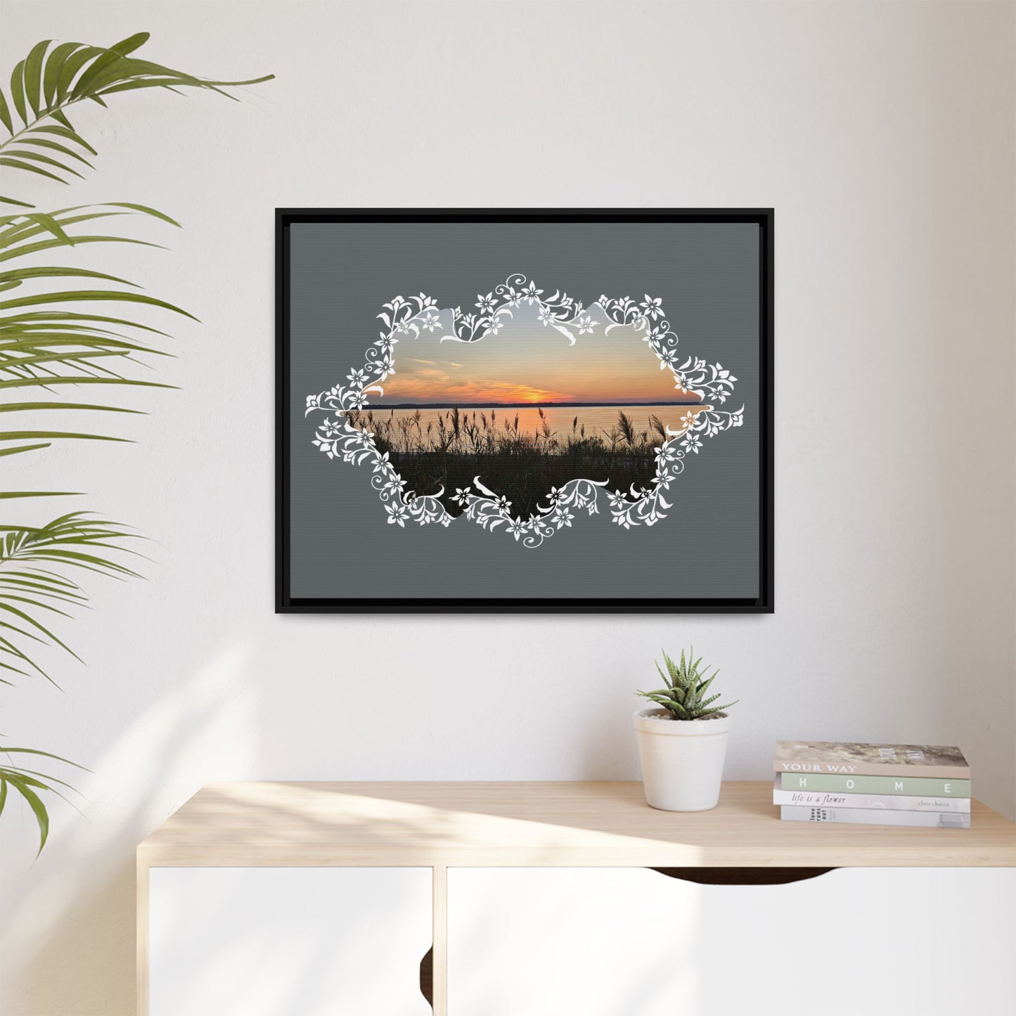 "Wild Youth" Framed Matte Canvas - Sunrise Marsh with Ornate White Floral Frame