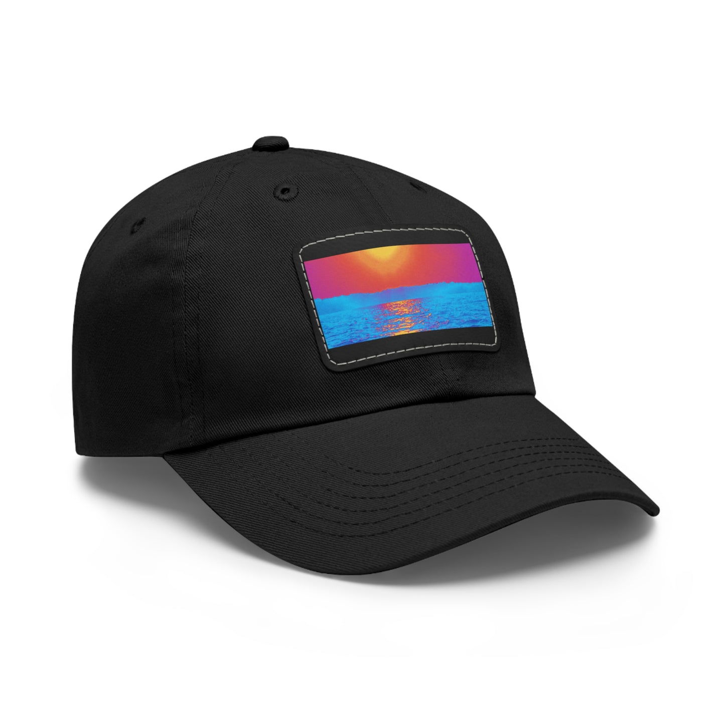 Sunset Ocean Leather Patch Dad Hat — Retro Vaporwave Beach Cap