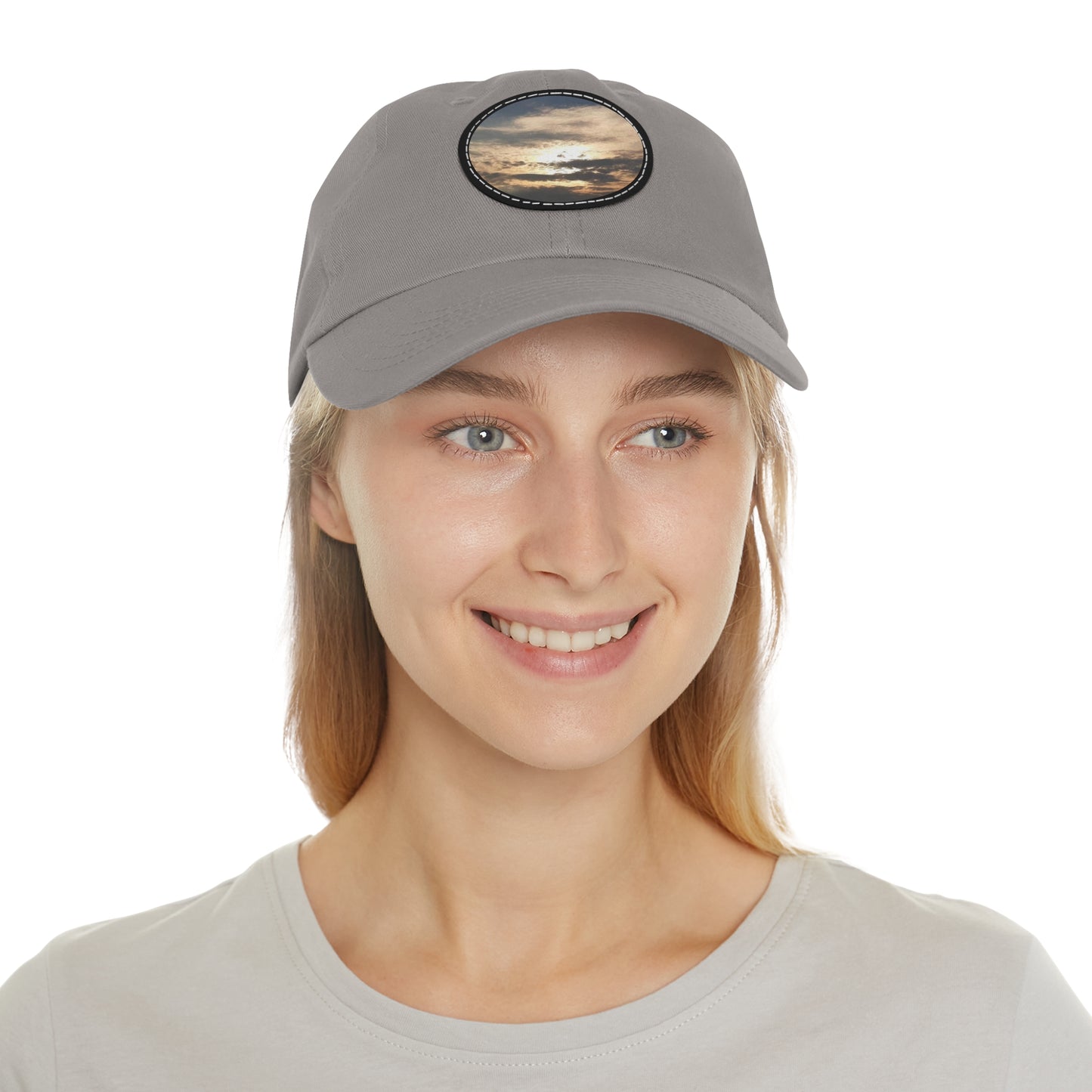Round Leather Patch Dad Hat —"Sun Peaking Over the Clouds"-Patch Cap