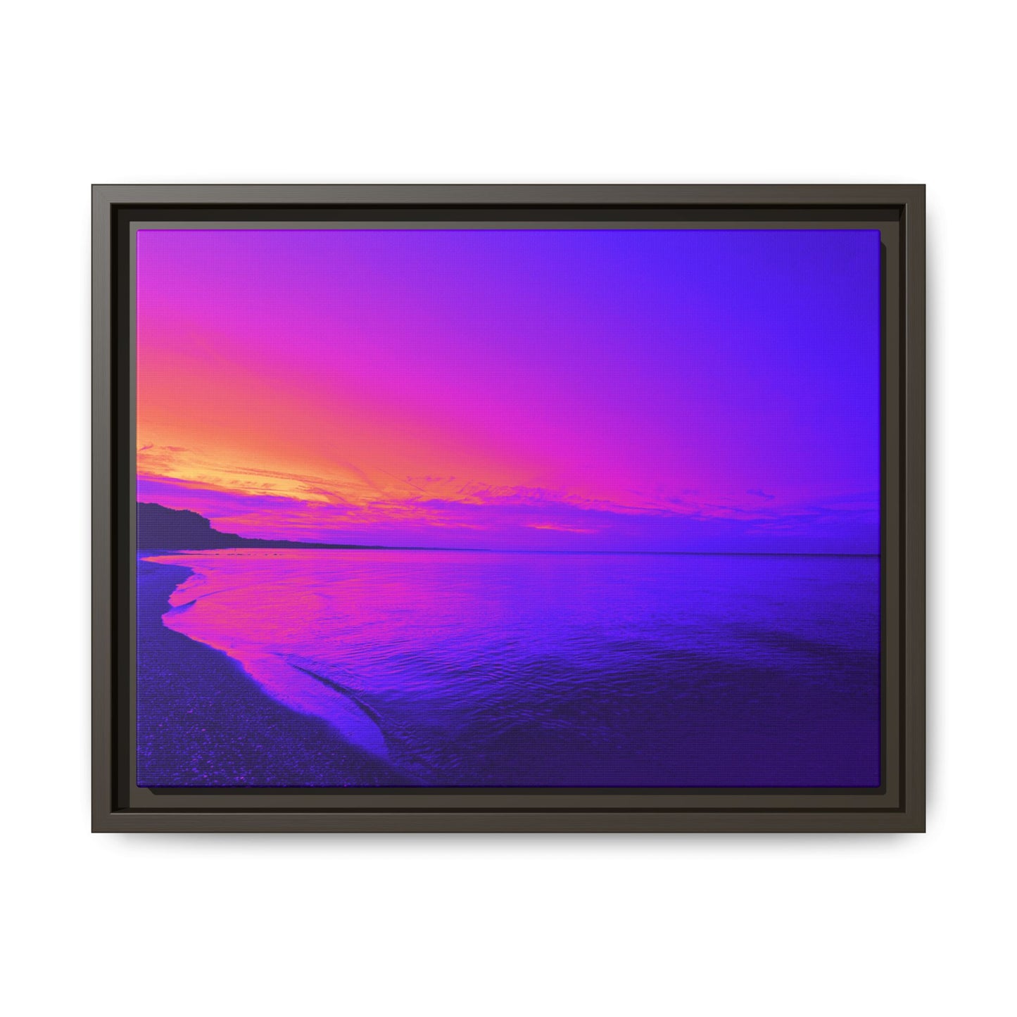 "Lavishing Symmetry" Sunset Shore Matte Canvas Framed Wall Art — Vibrant Purple & Pink Beach Landscape