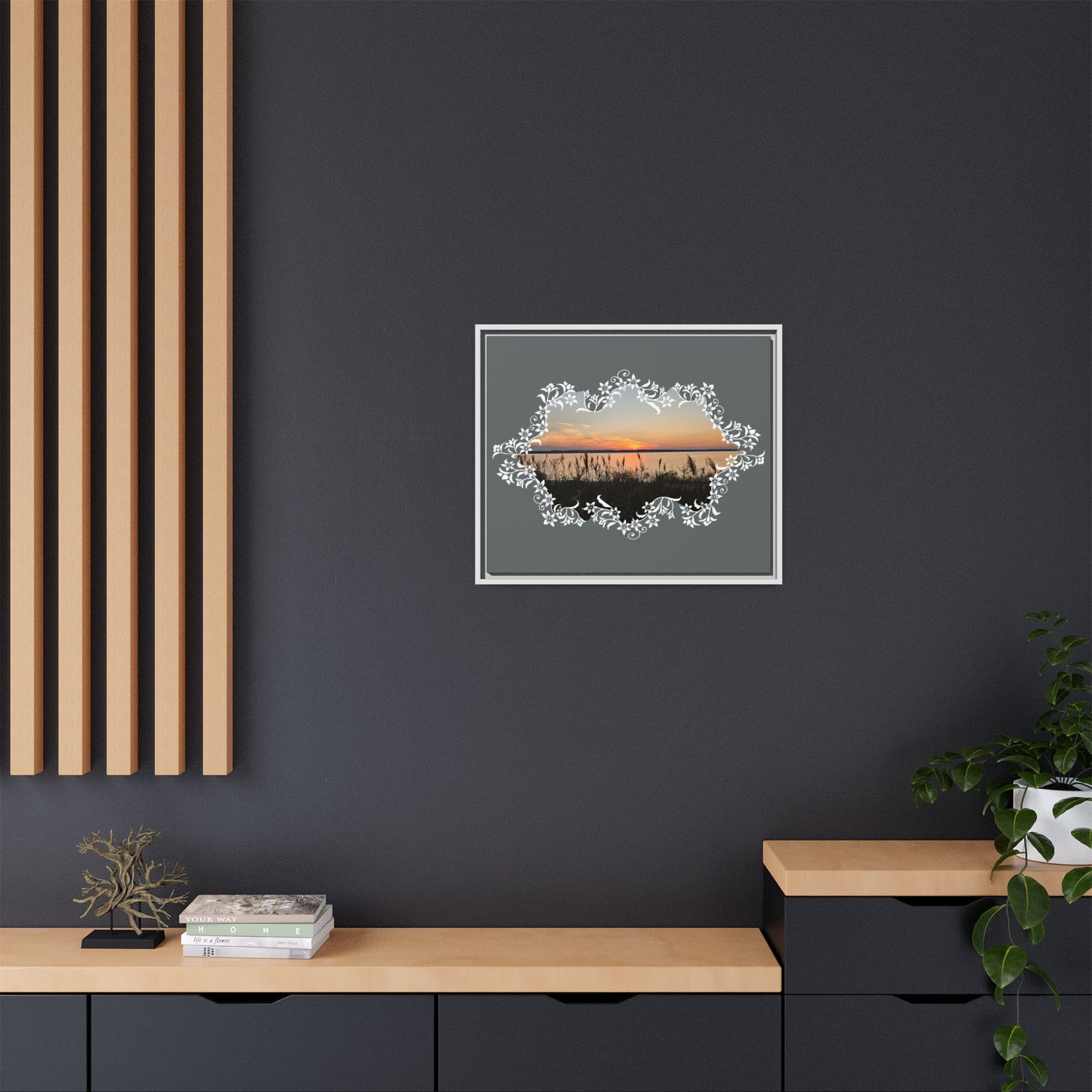 "Wild Youth" Framed Matte Canvas - Sunrise Marsh with Ornate White Floral Frame