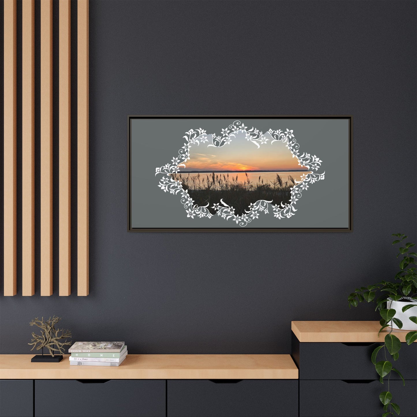 "Wild Youth" Framed Matte Canvas - Sunrise Marsh with Ornate White Floral Frame