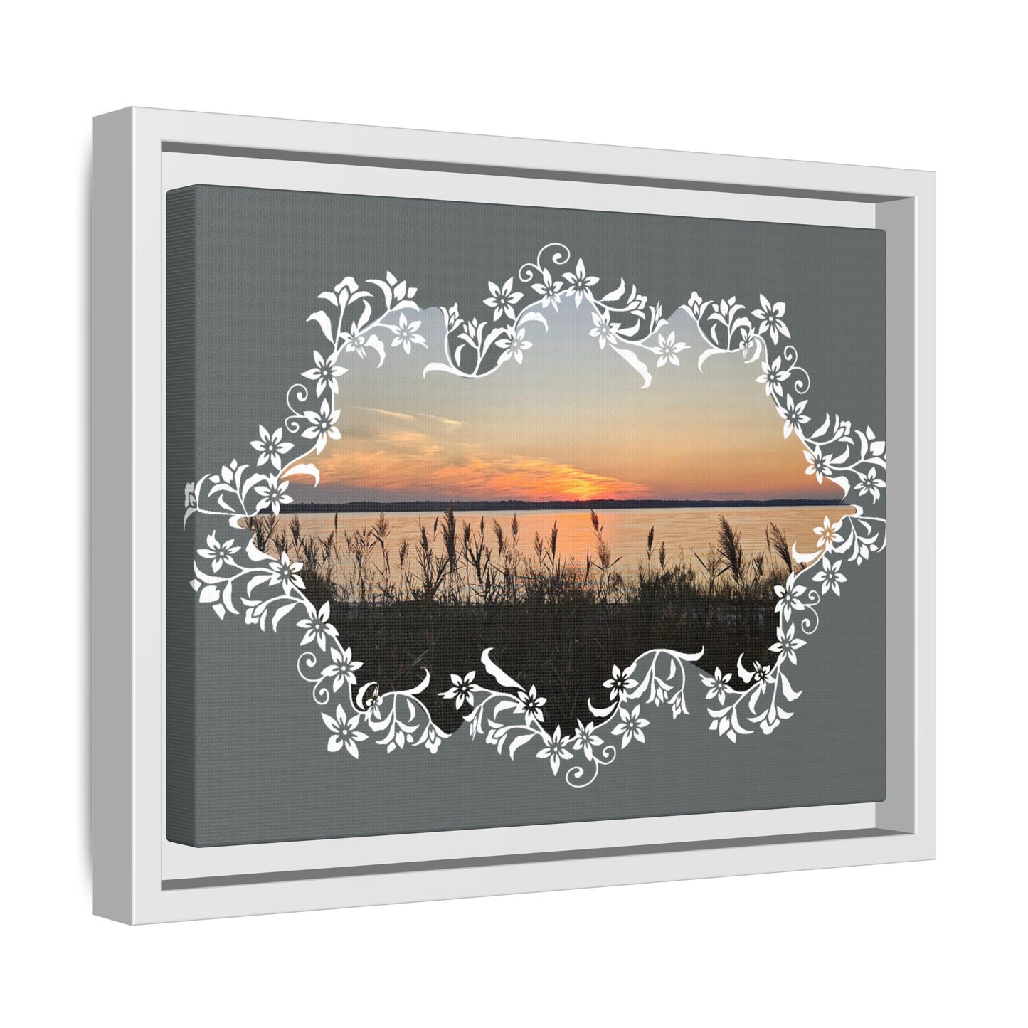 "Wild Youth" Framed Matte Canvas - Sunrise Marsh with Ornate White Floral Frame
