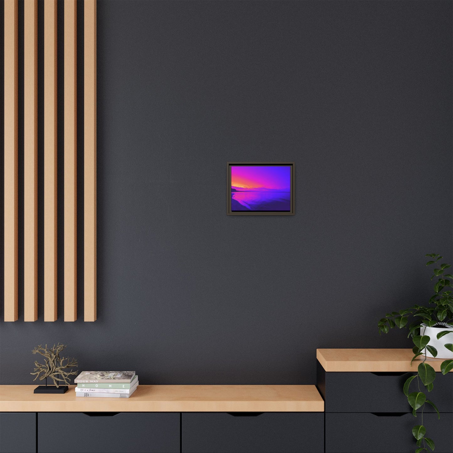 "Lavishing Symmetry" Sunset Shore Matte Canvas Framed Wall Art — Vibrant Purple & Pink Beach Landscape