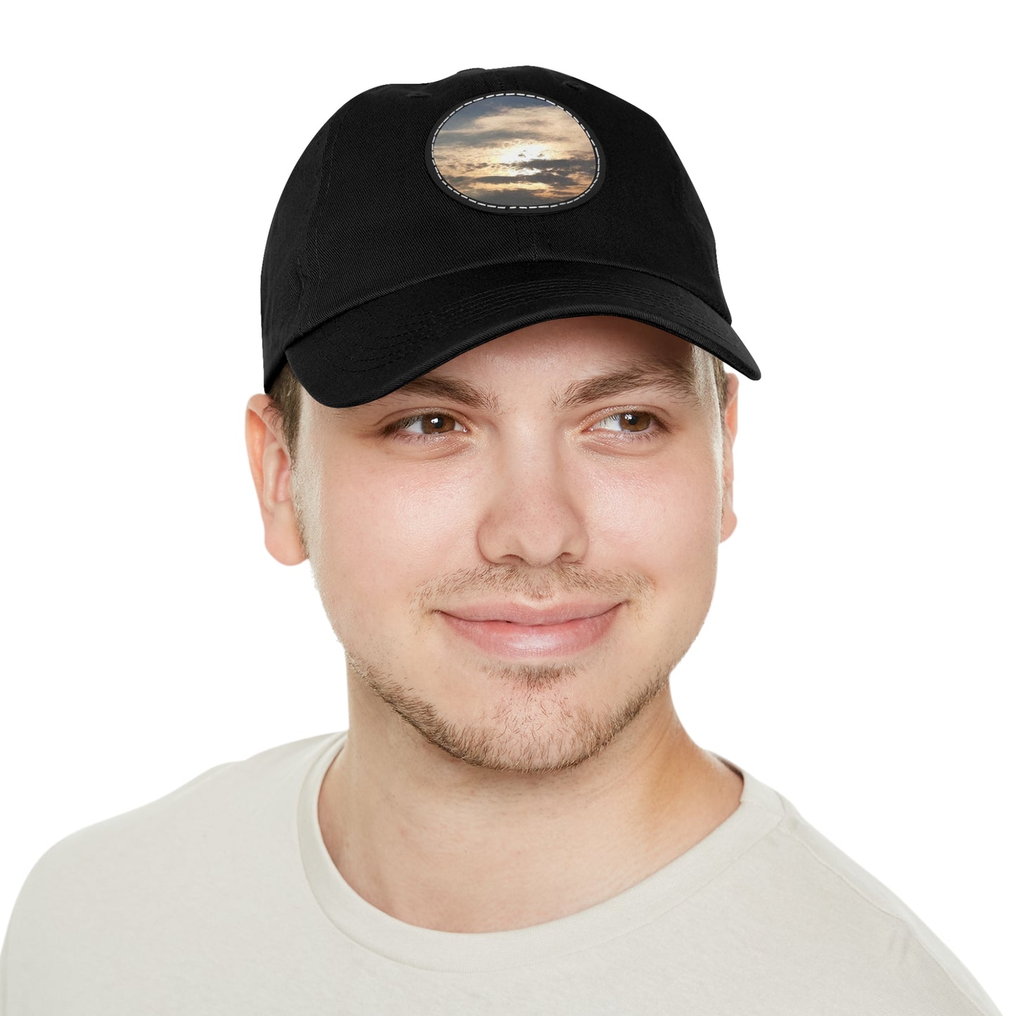 Round Leather Patch Dad Hat —"Sun Peaking Over the Clouds"-Patch Cap