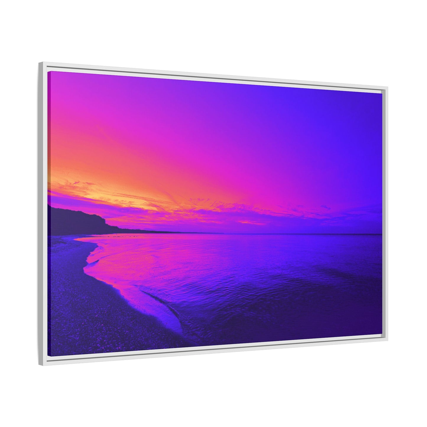 "Lavishing Symmetry" Sunset Shore Matte Canvas Framed Wall Art — Vibrant Purple & Pink Beach Landscape