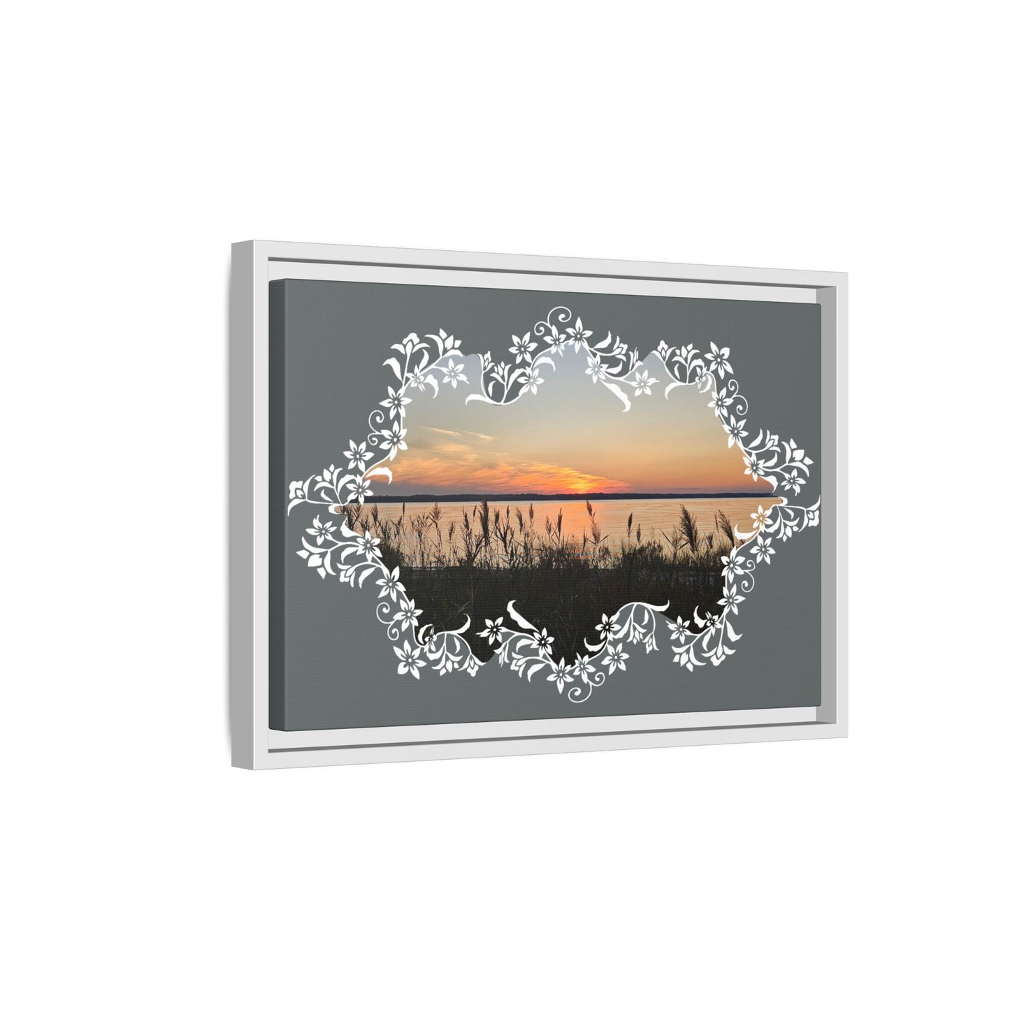 "Wild Youth" Framed Matte Canvas - Sunrise Marsh with Ornate White Floral Frame