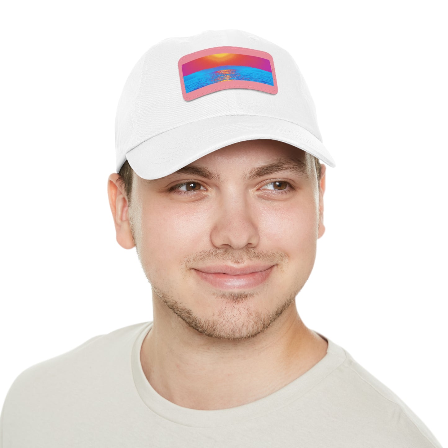 Sunset Ocean Leather Patch Dad Hat — Retro Vaporwave Beach Cap