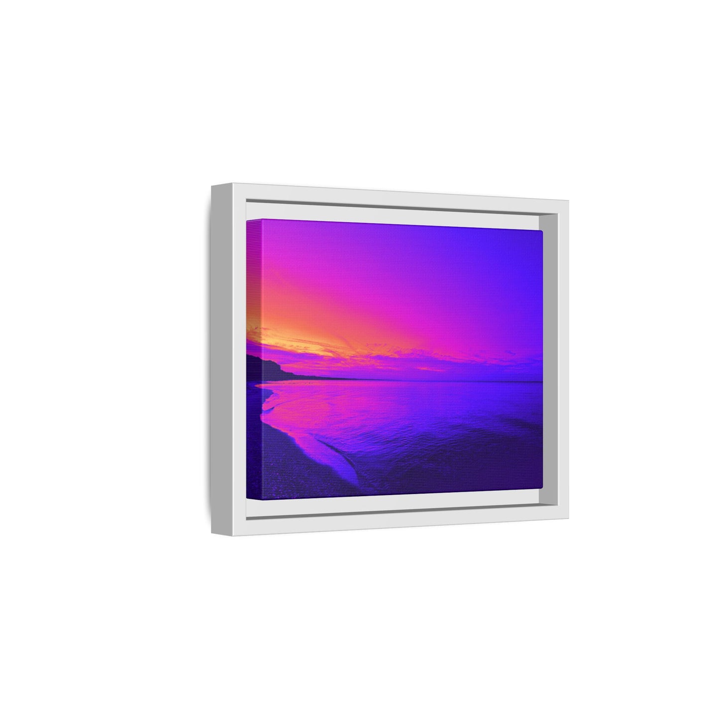 "Lavishing Symmetry" Sunset Shore Matte Canvas Framed Wall Art — Vibrant Purple & Pink Beach Landscape