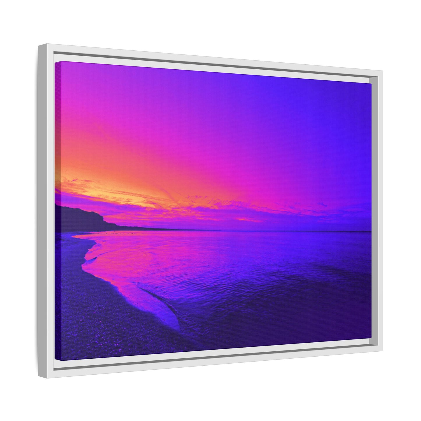 "Lavishing Symmetry" Sunset Shore Matte Canvas Framed Wall Art — Vibrant Purple & Pink Beach Landscape