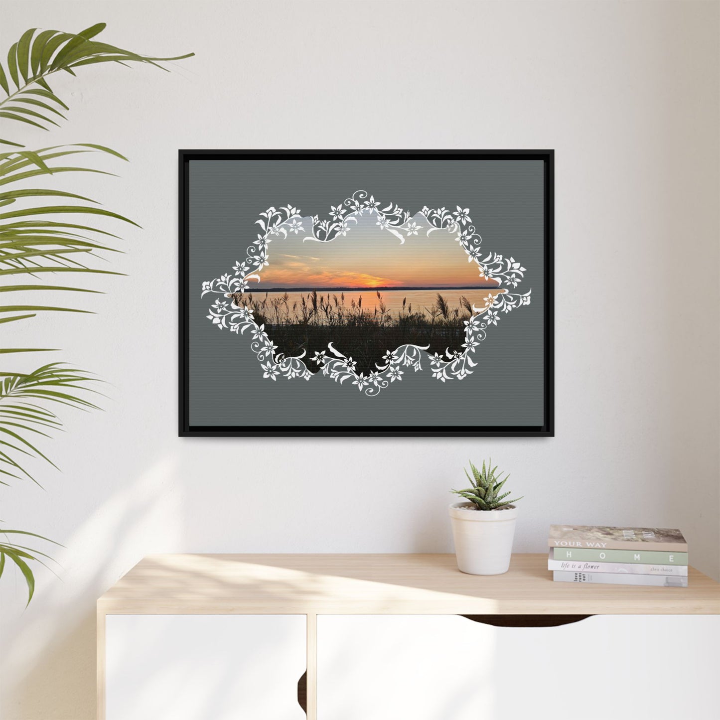 "Wild Youth" Framed Matte Canvas - Sunrise Marsh with Ornate White Floral Frame