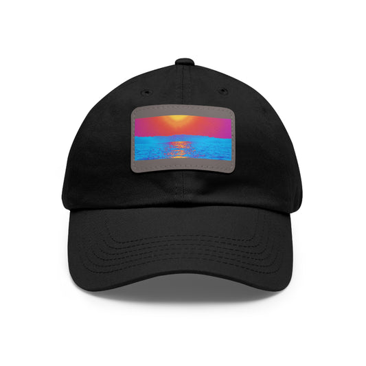 Sunset Ocean Leather Patch Dad Hat — Retro Vaporwave Beach Cap