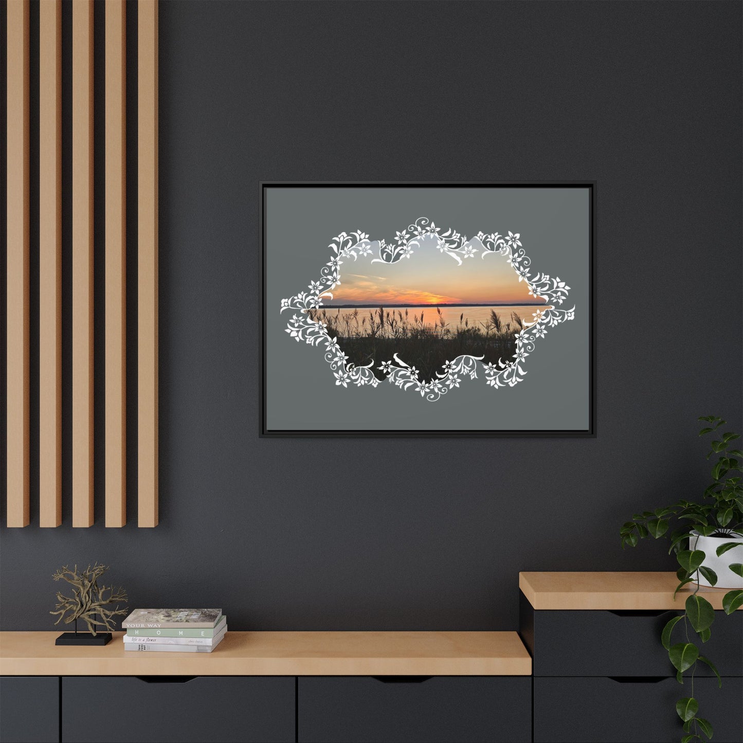 "Wild Youth" Framed Matte Canvas - Sunrise Marsh with Ornate White Floral Frame