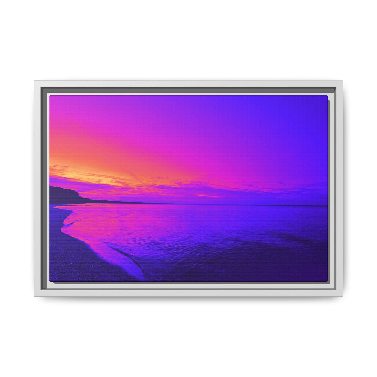 "Lavishing Symmetry" Sunset Shore Matte Canvas Framed Wall Art — Vibrant Purple & Pink Beach Landscape