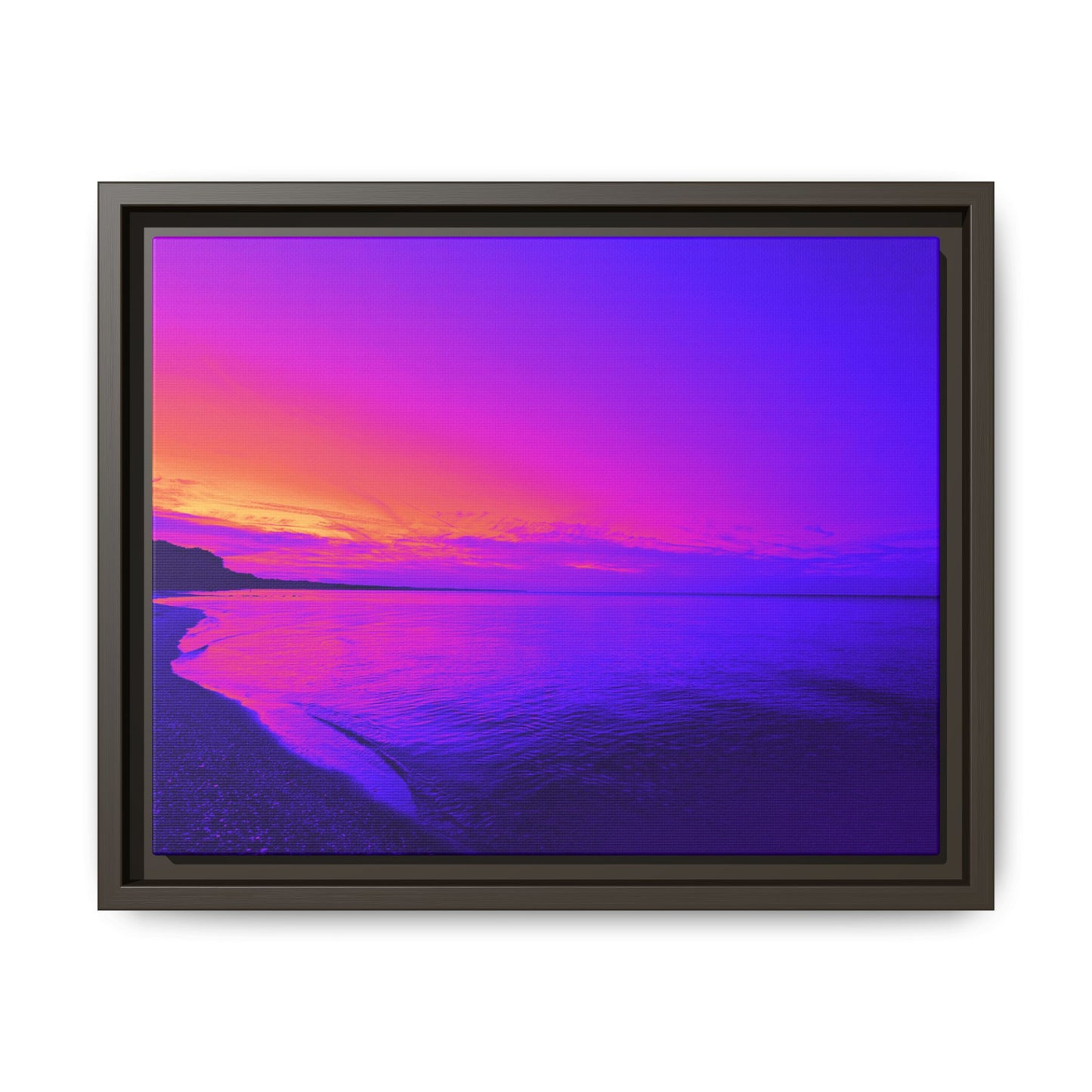 "Lavishing Symmetry" Sunset Shore Matte Canvas Framed Wall Art — Vibrant Purple & Pink Beach Landscape