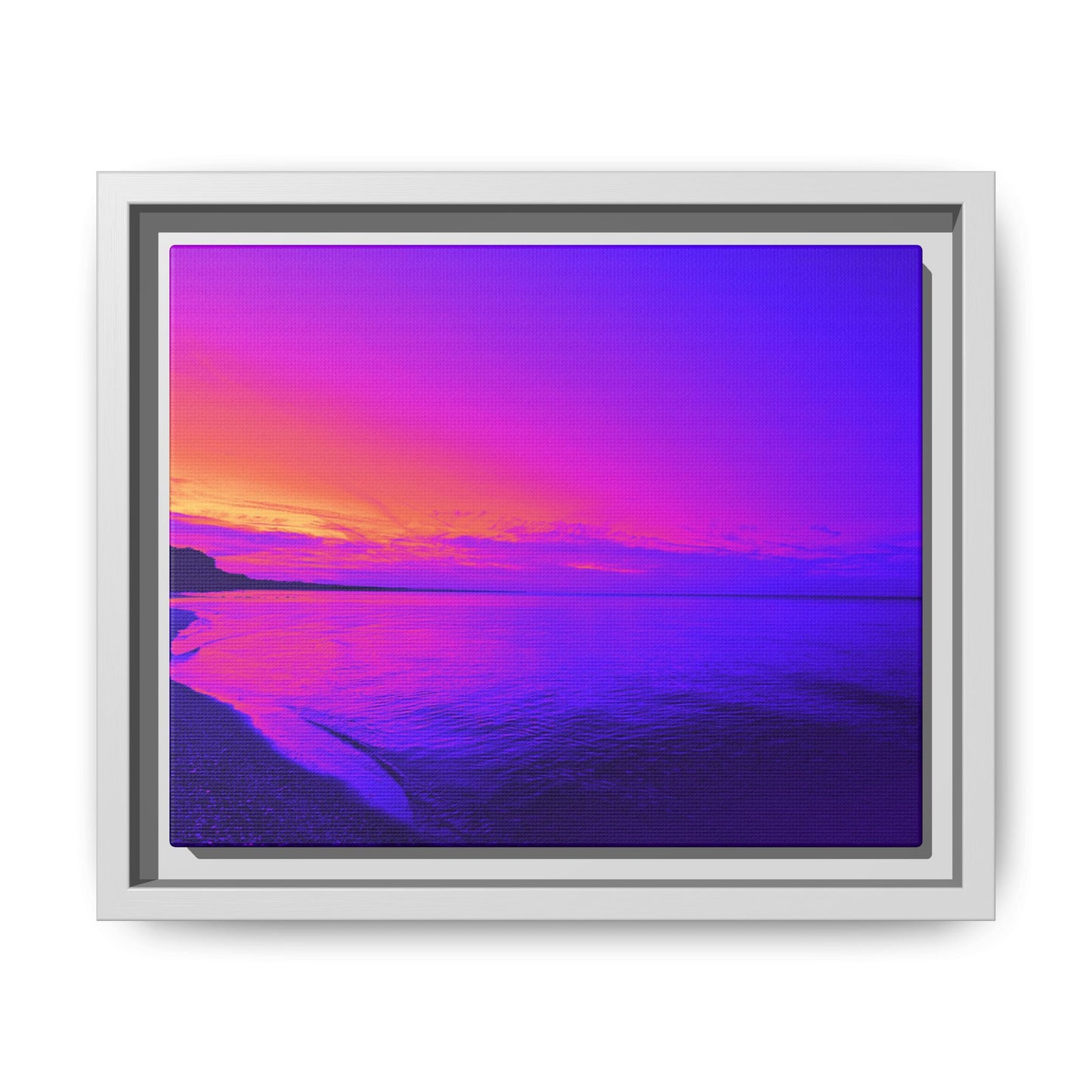 "Lavishing Symmetry" Sunset Shore Matte Canvas Framed Wall Art — Vibrant Purple & Pink Beach Landscape
