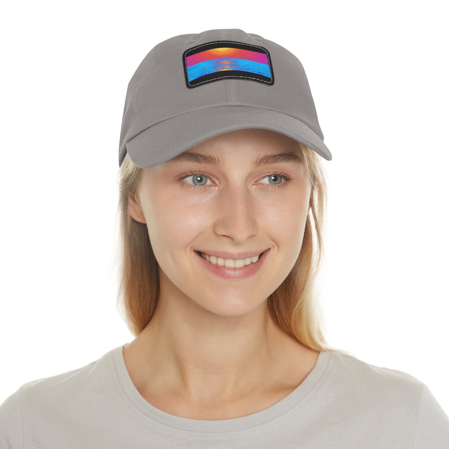 Sunset Ocean Leather Patch Dad Hat — Retro Vaporwave Beach Cap
