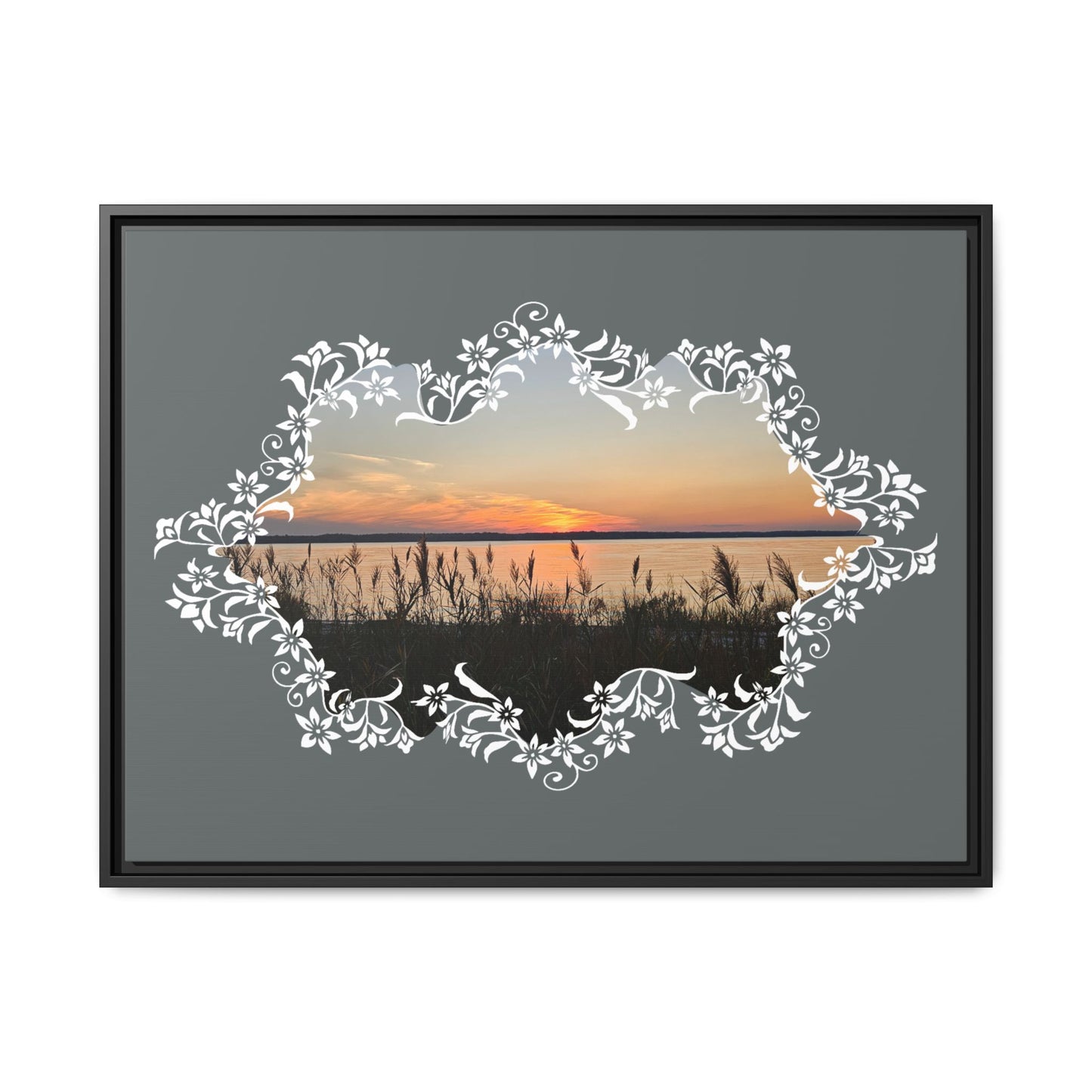 "Wild Youth" Framed Matte Canvas - Sunrise Marsh with Ornate White Floral Frame