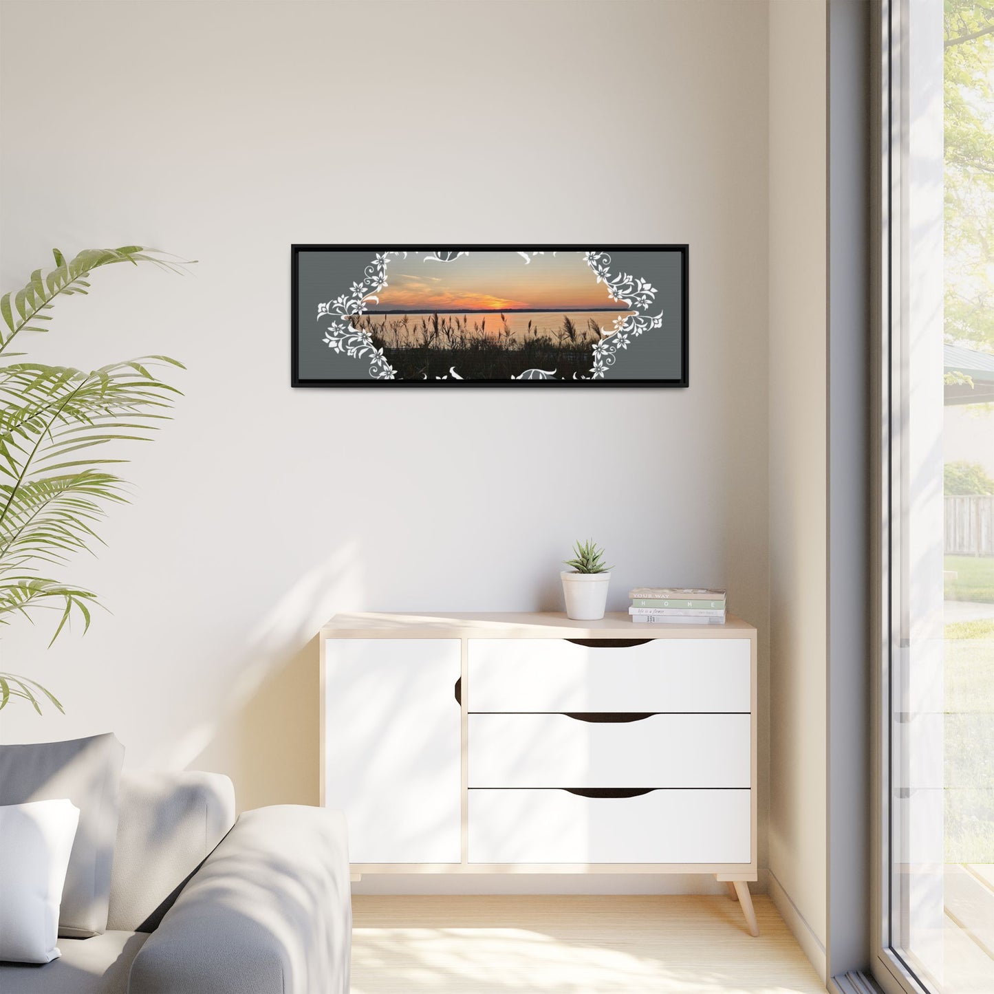 "Wild Youth" Framed Matte Canvas - Sunrise Marsh with Ornate White Floral Frame