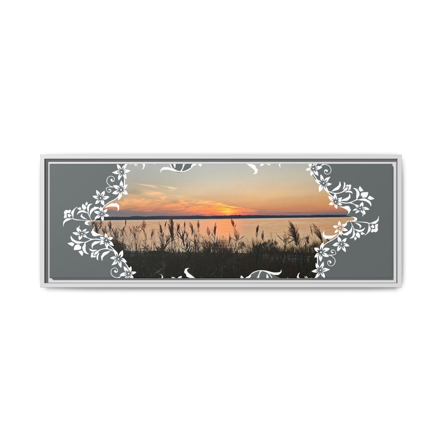 "Wild Youth" Framed Matte Canvas - Sunrise Marsh with Ornate White Floral Frame