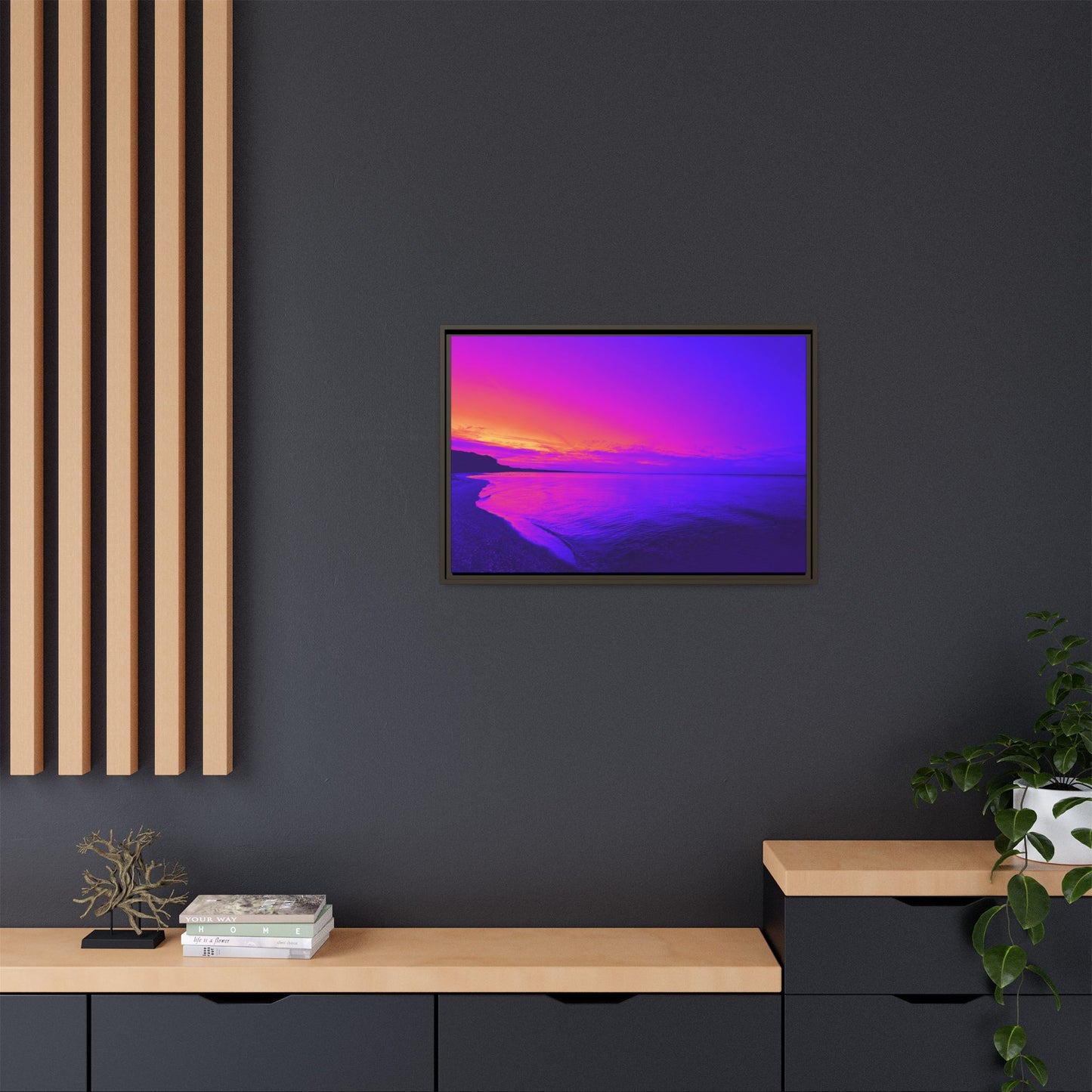 "Lavishing Symmetry" Sunset Shore Matte Canvas Framed Wall Art — Vibrant Purple & Pink Beach Landscape