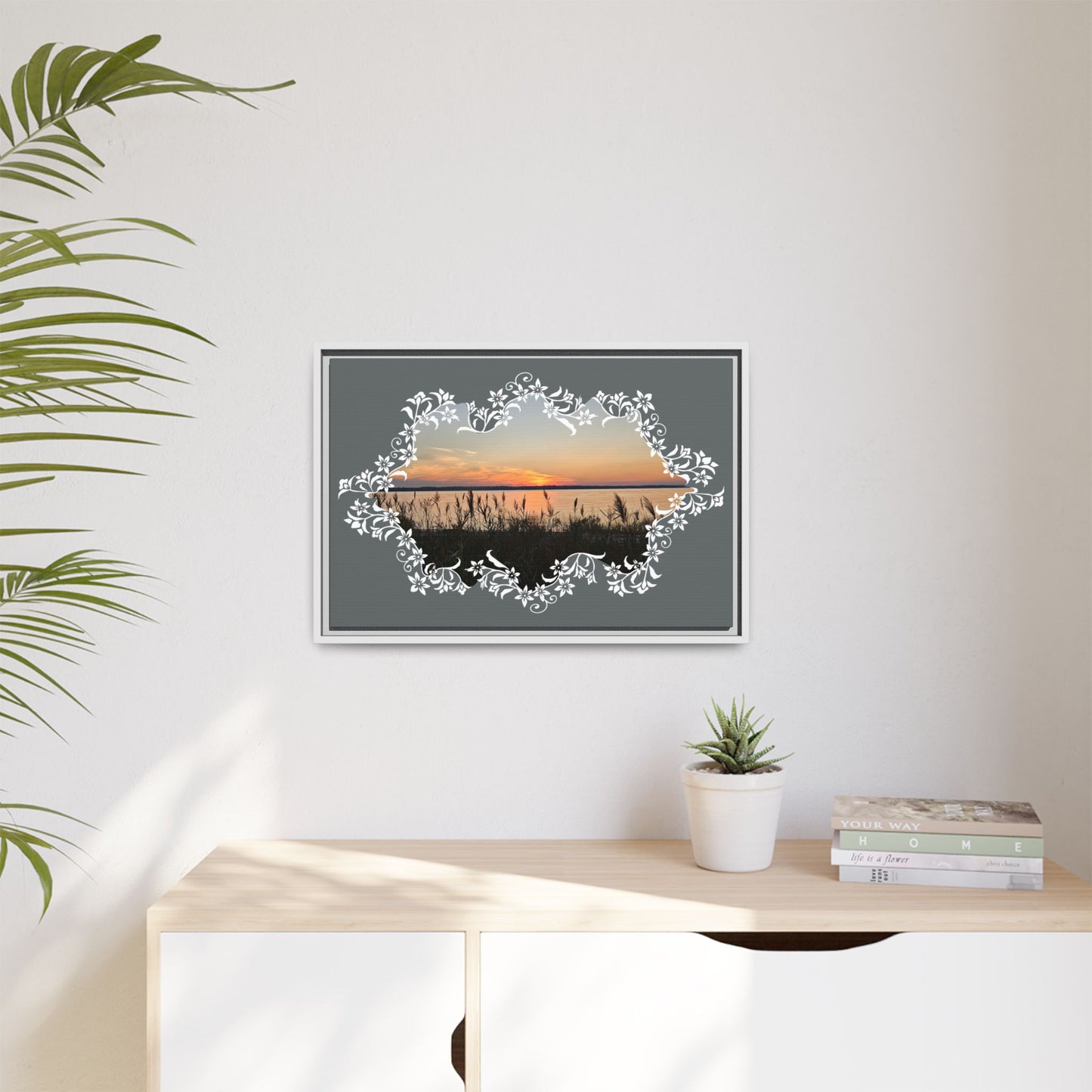 "Wild Youth" Framed Matte Canvas - Sunrise Marsh with Ornate White Floral Frame