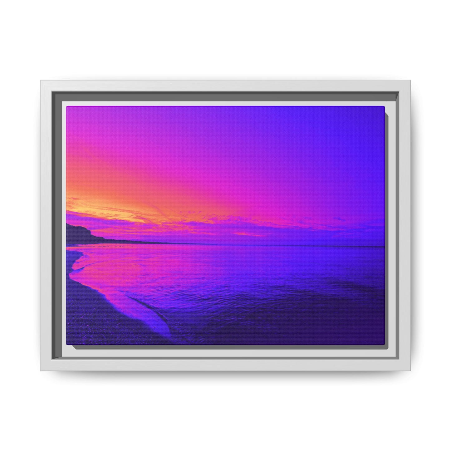 "Lavishing Symmetry" Sunset Shore Matte Canvas Framed Wall Art — Vibrant Purple & Pink Beach Landscape