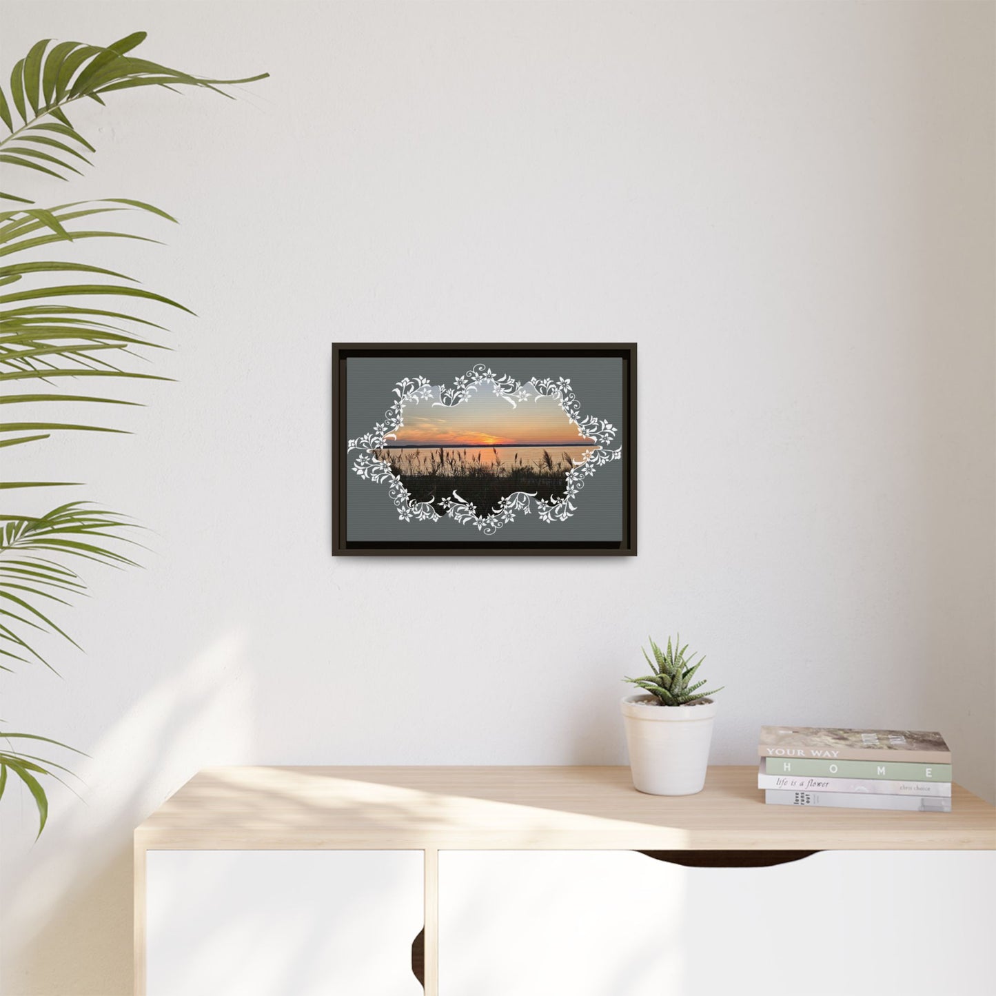 "Wild Youth" Framed Matte Canvas - Sunrise Marsh with Ornate White Floral Frame