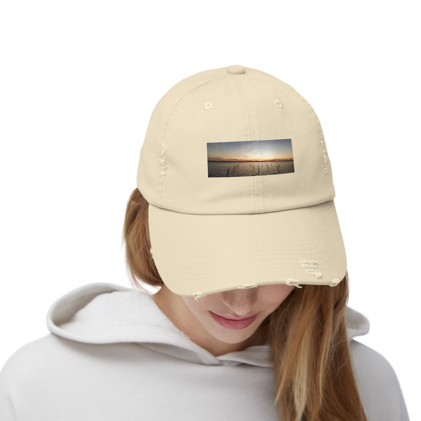Distressed Sunset Cap — Vintage Solomons Chesapeake Panorama Dad Hat