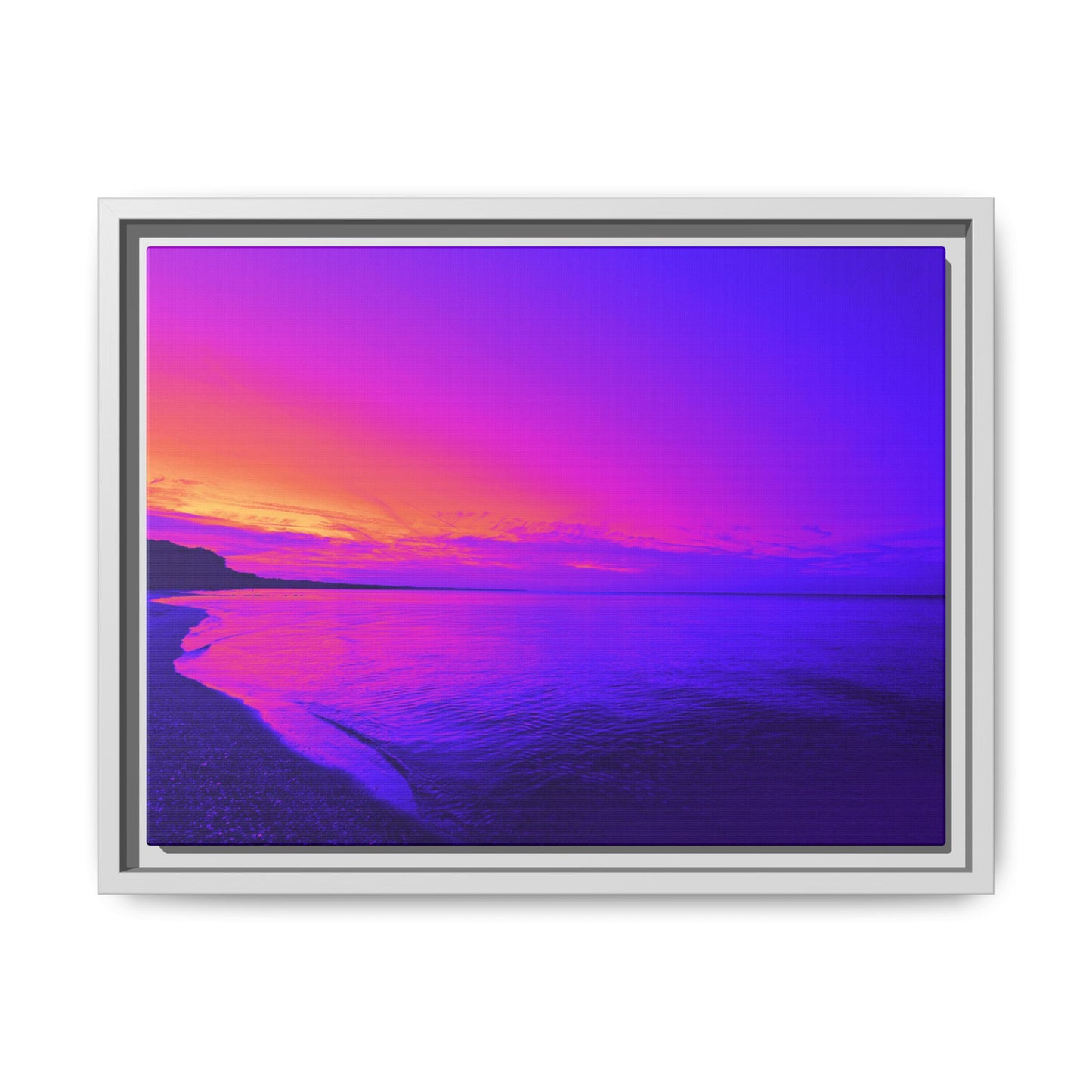 "Lavishing Symmetry" Sunset Shore Matte Canvas Framed Wall Art — Vibrant Purple & Pink Beach Landscape
