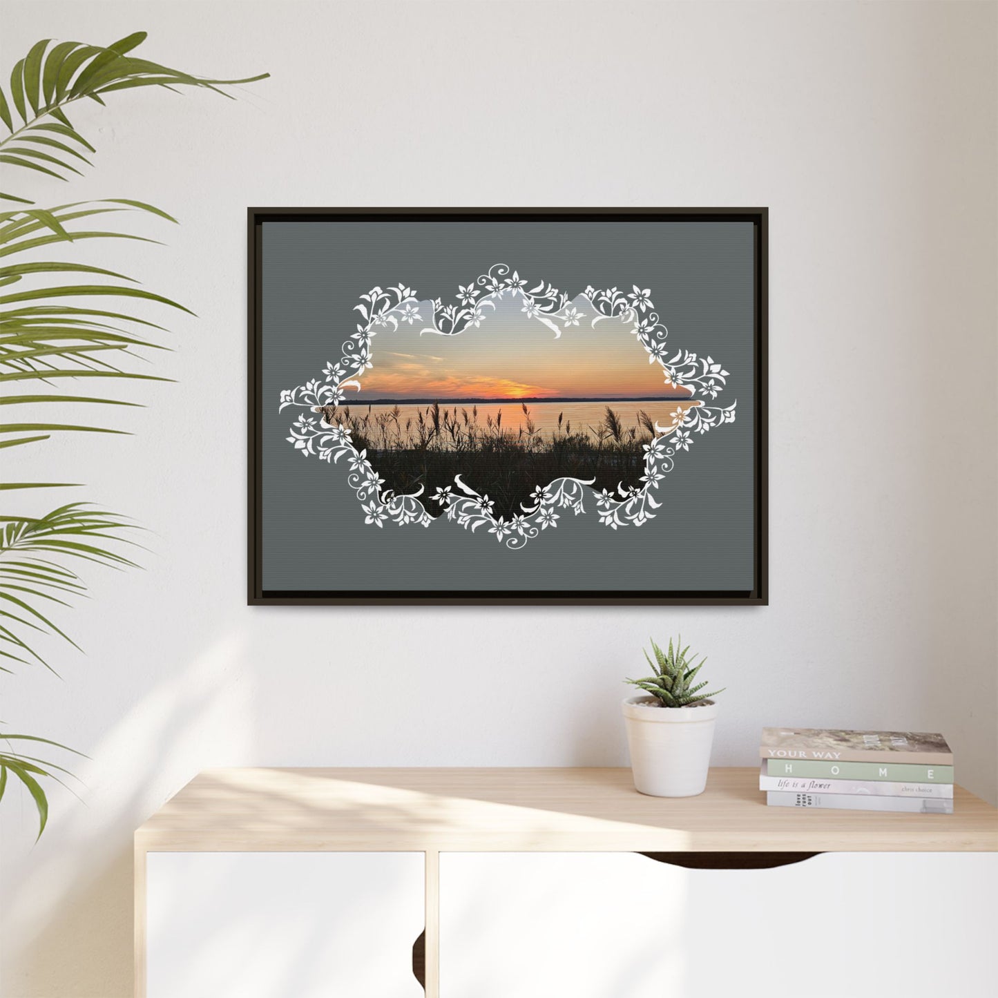 "Wild Youth" Framed Matte Canvas - Sunrise Marsh with Ornate White Floral Frame