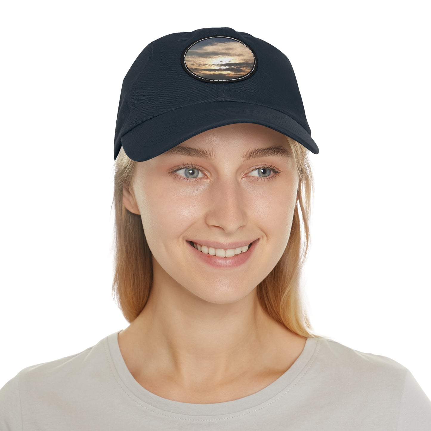 Round Leather Patch Dad Hat —"Sun Peaking Over the Clouds"-Patch Cap