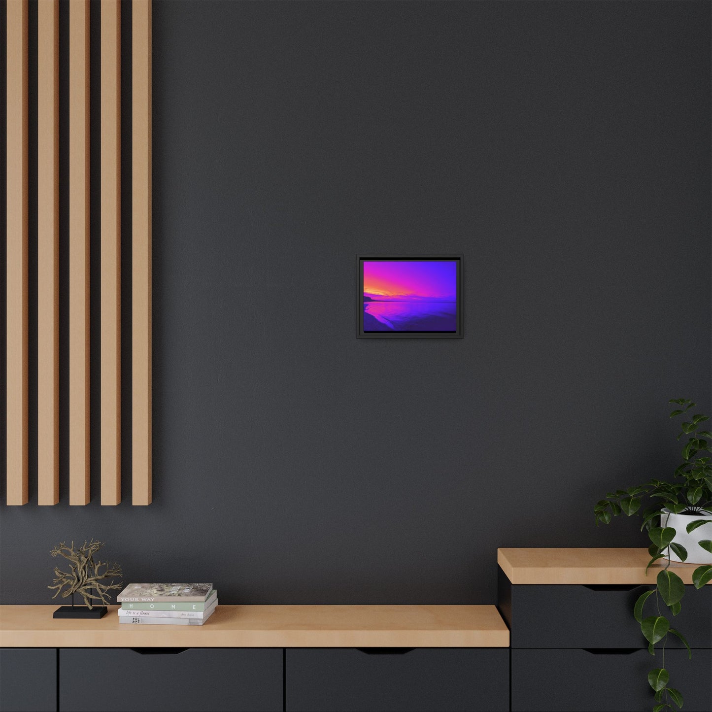 "Lavishing Symmetry" Sunset Shore Matte Canvas Framed Wall Art — Vibrant Purple & Pink Beach Landscape