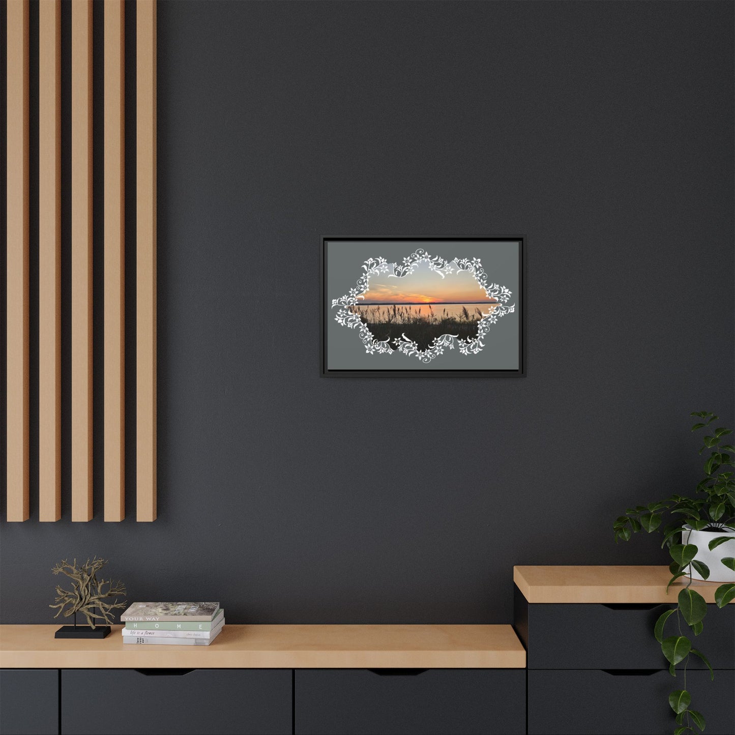 "Wild Youth" Framed Matte Canvas - Sunrise Marsh with Ornate White Floral Frame