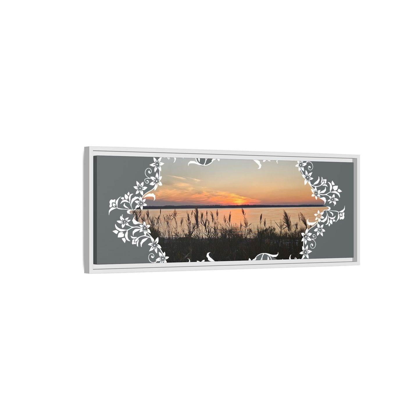 "Wild Youth" Framed Matte Canvas - Sunrise Marsh with Ornate White Floral Frame