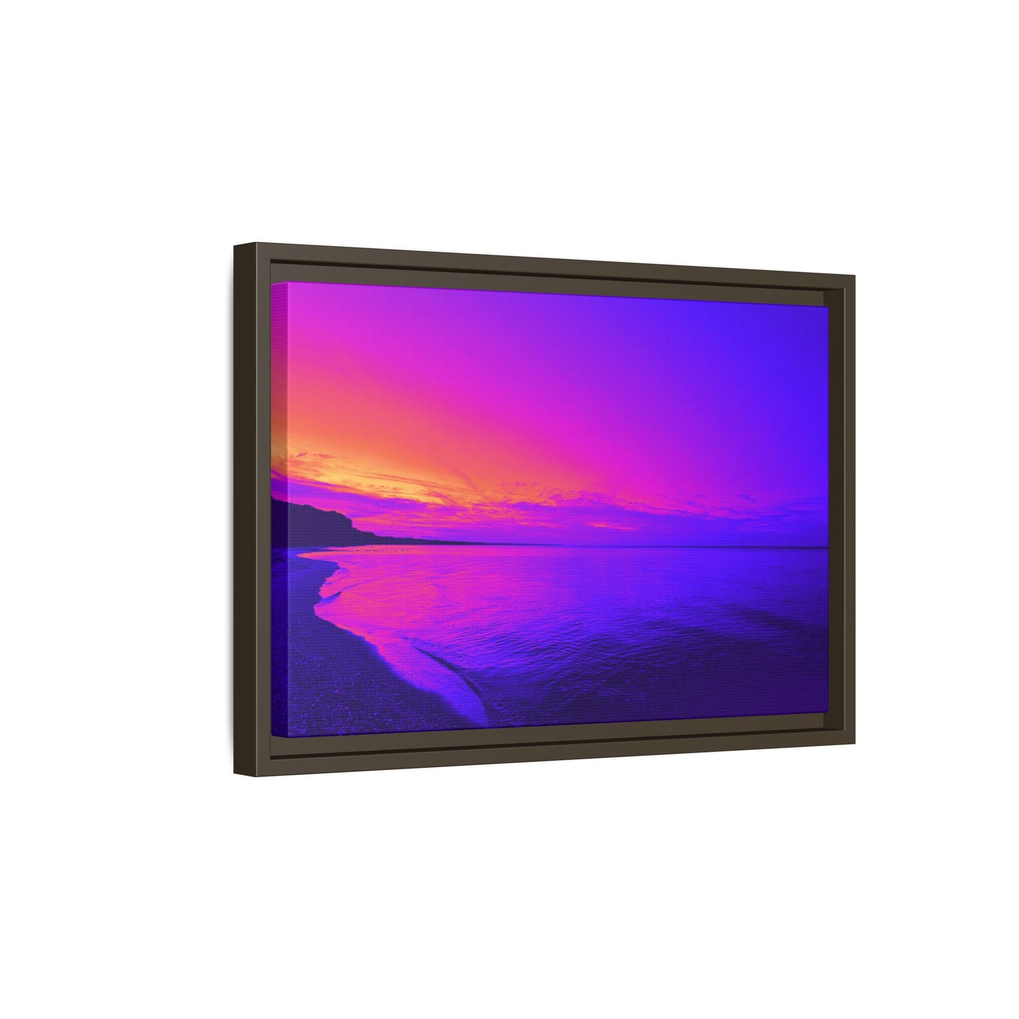 "Lavishing Symmetry" Sunset Shore Matte Canvas Framed Wall Art — Vibrant Purple & Pink Beach Landscape