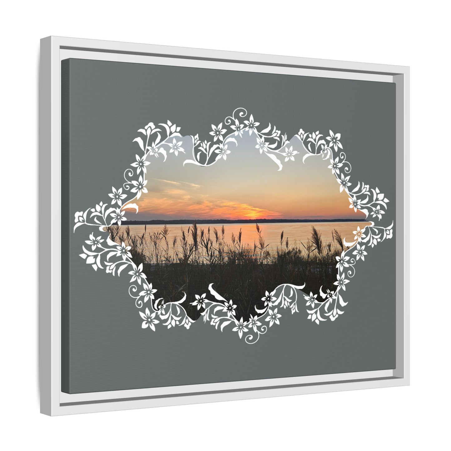 "Wild Youth" Framed Matte Canvas - Sunrise Marsh with Ornate White Floral Frame