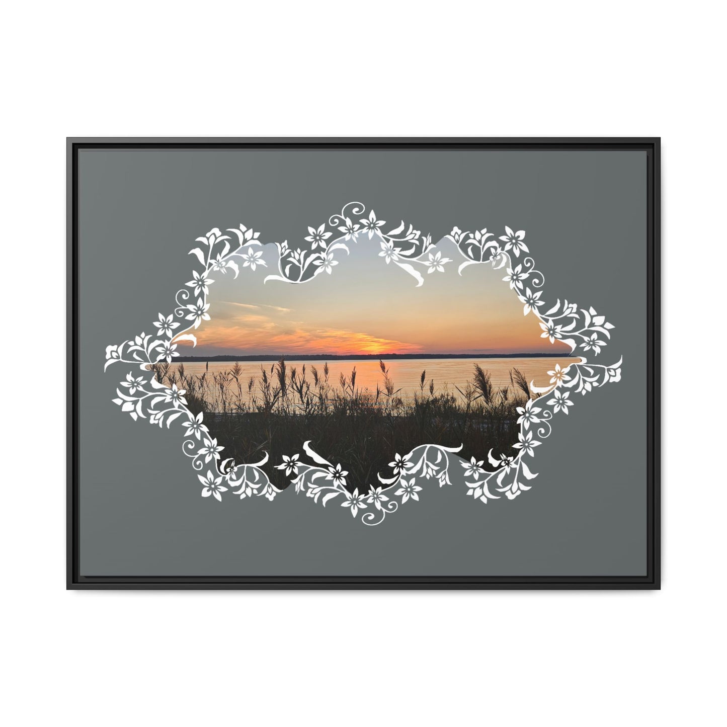 "Wild Youth" Framed Matte Canvas - Sunrise Marsh with Ornate White Floral Frame