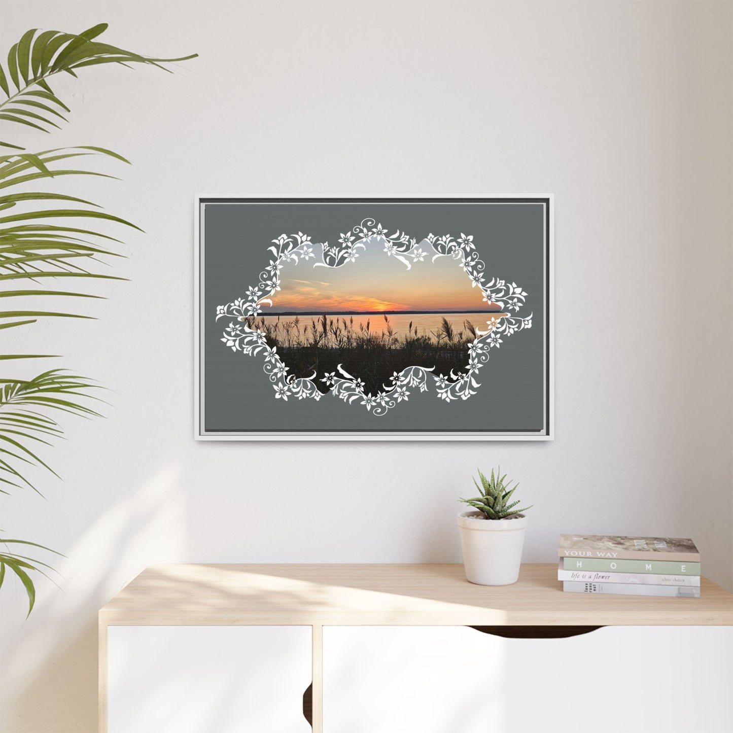 "Wild Youth" Framed Matte Canvas - Sunrise Marsh with Ornate White Floral Frame