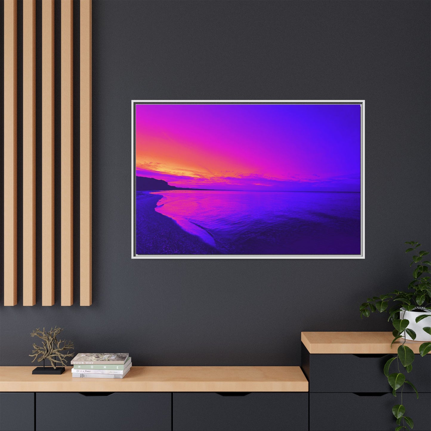 "Lavishing Symmetry" Sunset Shore Matte Canvas Framed Wall Art — Vibrant Purple & Pink Beach Landscape