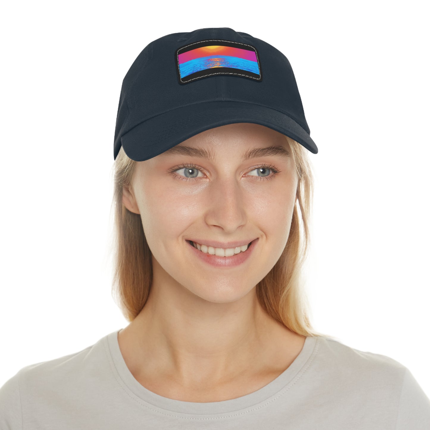 Sunset Ocean Leather Patch Dad Hat — Retro Vaporwave Beach Cap