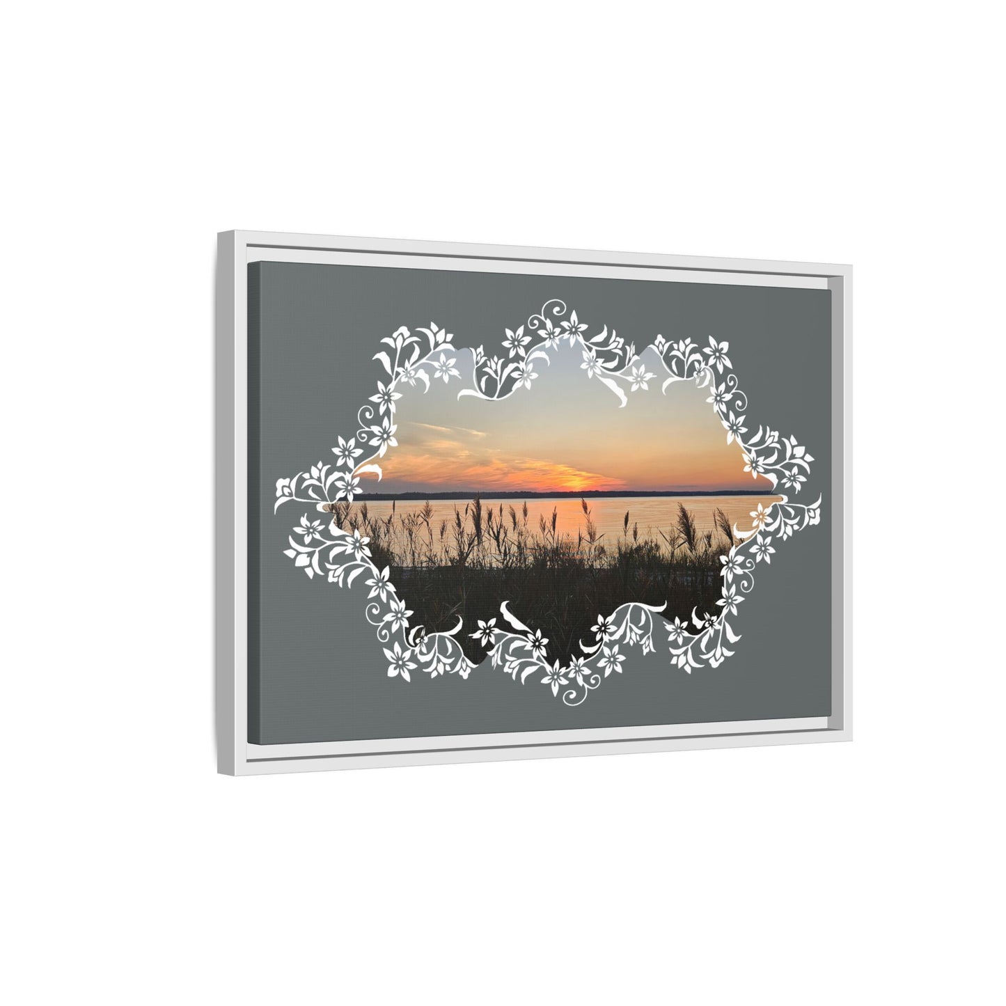 "Wild Youth" Framed Matte Canvas - Sunrise Marsh with Ornate White Floral Frame