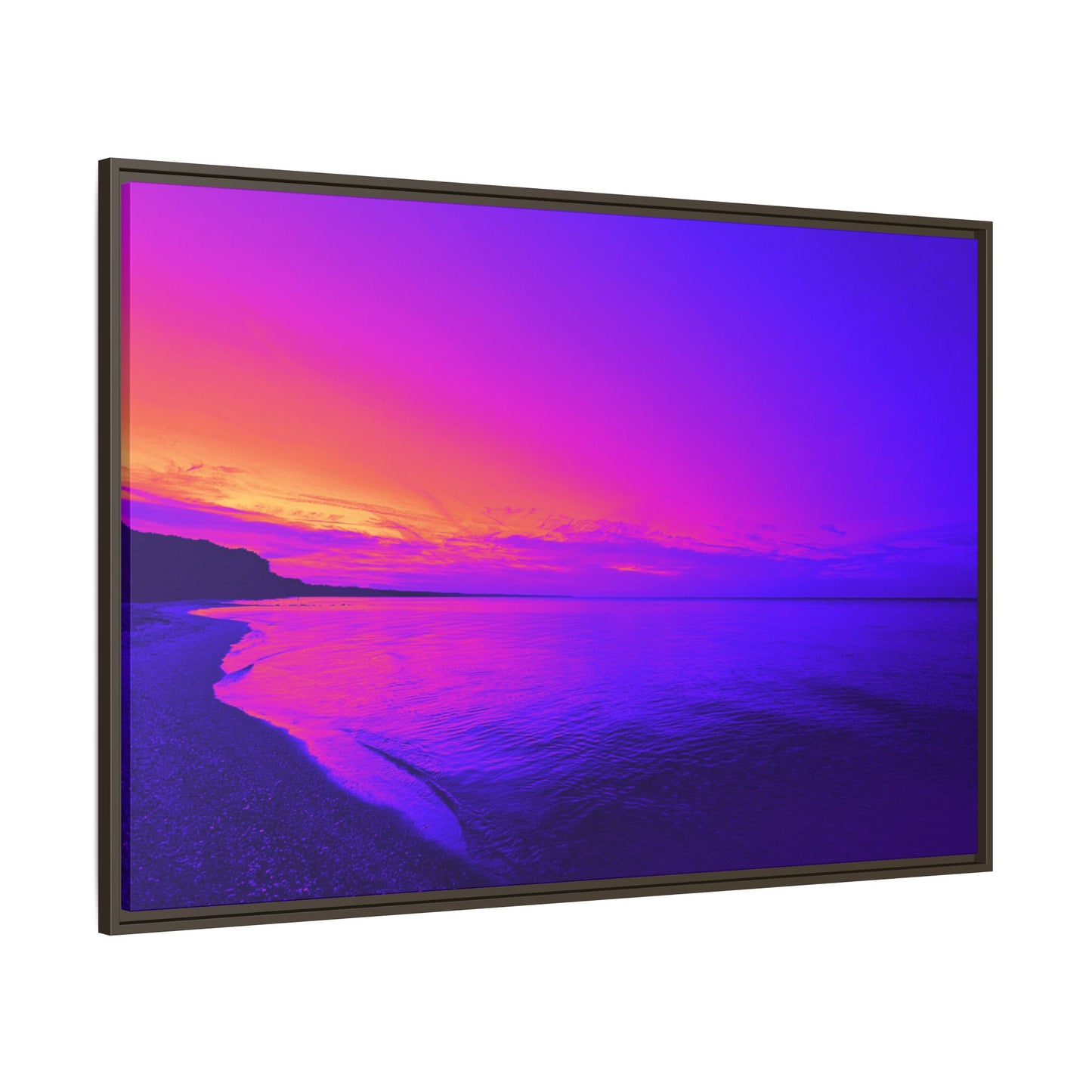 "Lavishing Symmetry" Sunset Shore Matte Canvas Framed Wall Art — Vibrant Purple & Pink Beach Landscape