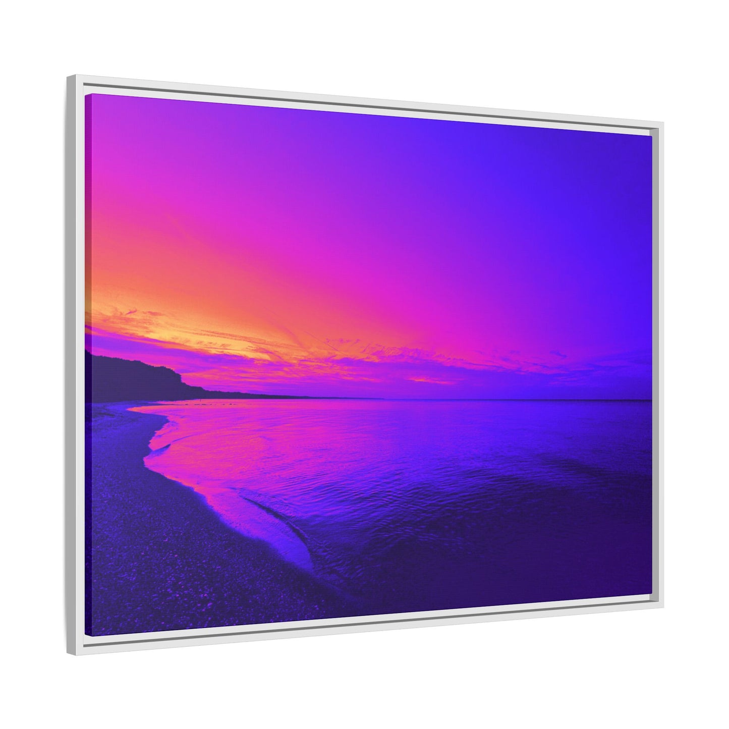 "Lavishing Symmetry" Sunset Shore Matte Canvas Framed Wall Art — Vibrant Purple & Pink Beach Landscape