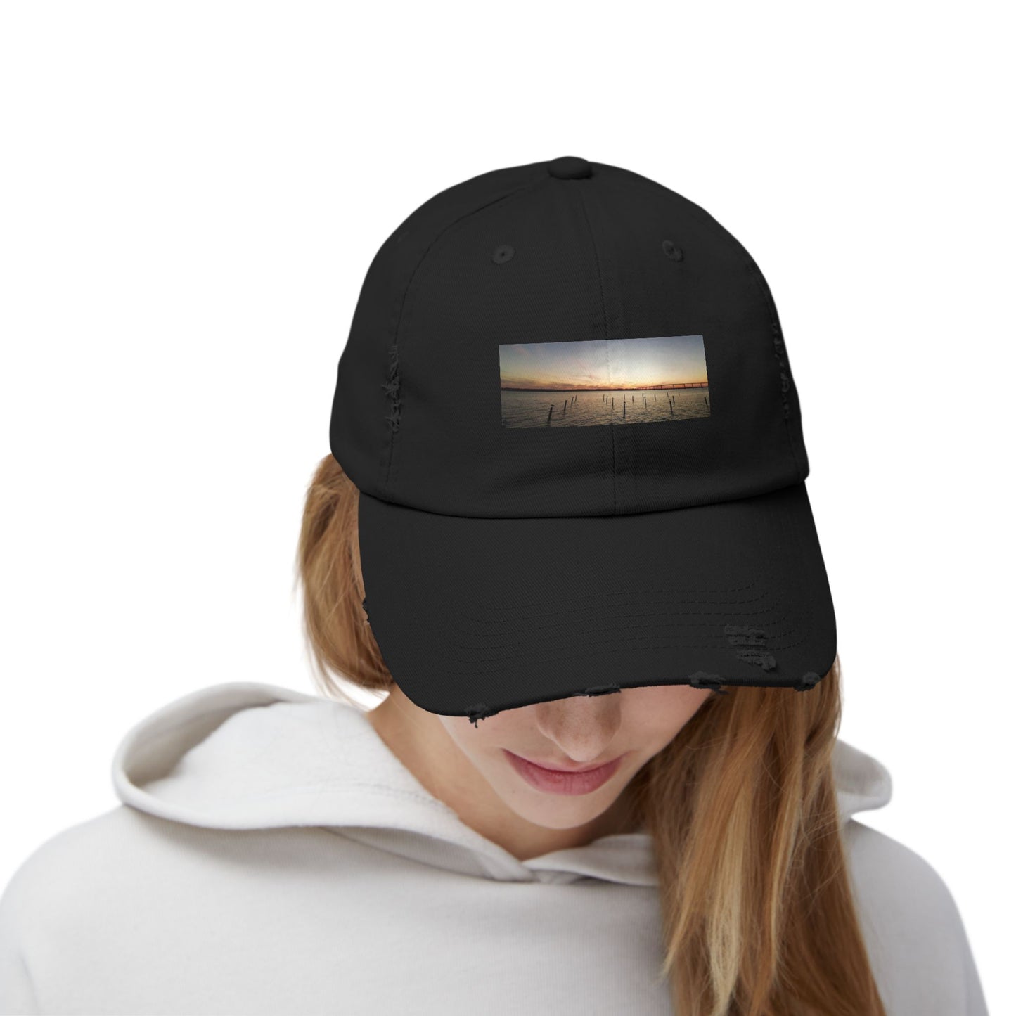 Distressed Sunset Cap — Vintage Solomons Chesapeake Panorama Dad Hat