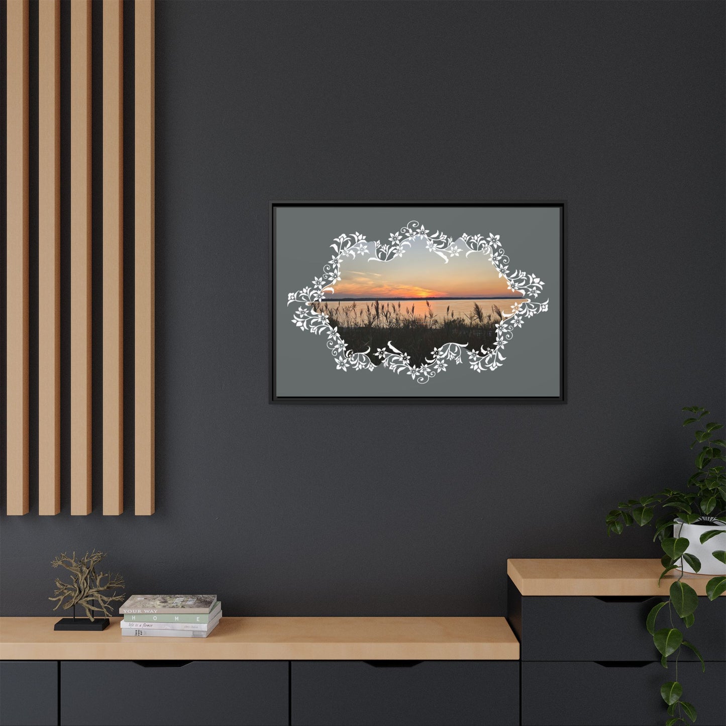 "Wild Youth" Framed Matte Canvas - Sunrise Marsh with Ornate White Floral Frame