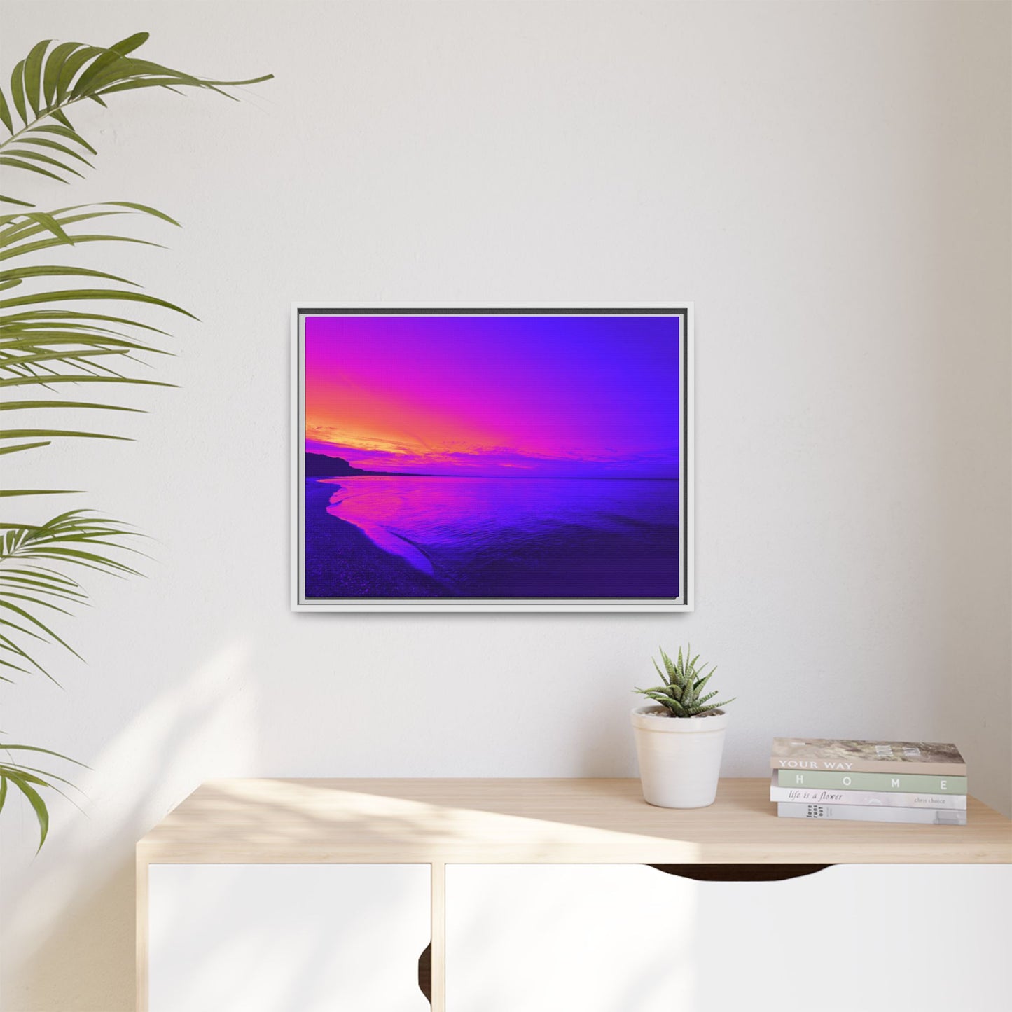 "Lavishing Symmetry" Sunset Shore Matte Canvas Framed Wall Art — Vibrant Purple & Pink Beach Landscape